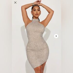 Fashion Nova Champagne Sparkle Halter Mini Dress